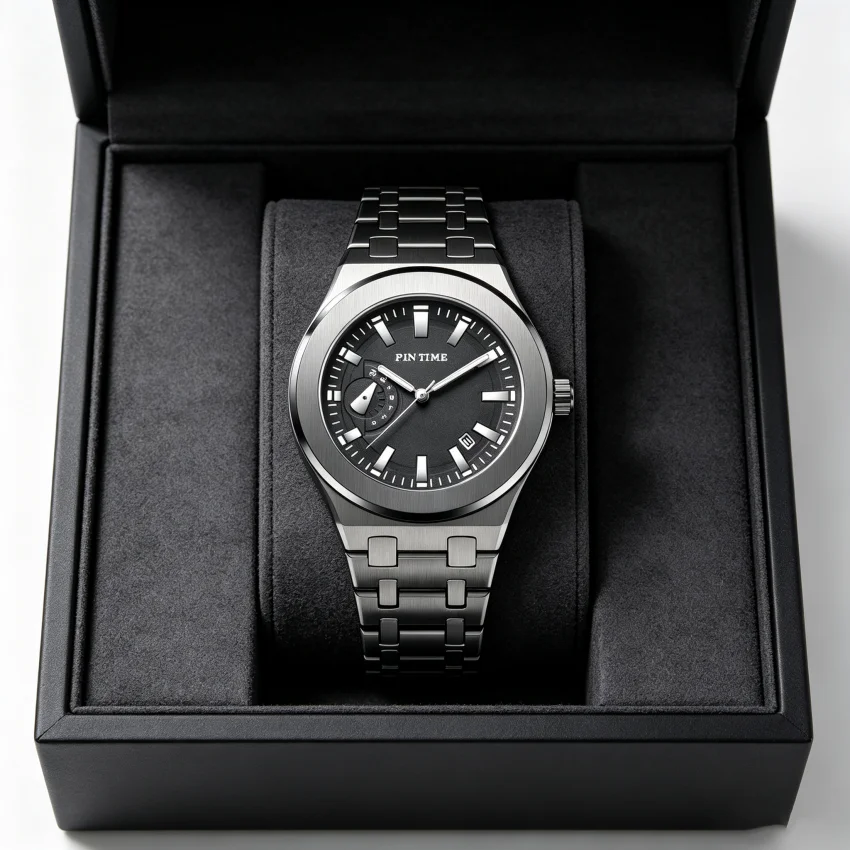 Montre Bracelet Intégrée de Luxe pour Hommes PINTIME, Montre à Quartz en Acier Inoxydable avec Affichage Jour/Date et Lumineuse, Montre d'Affaires pour Hommes, Nouveauté 2026