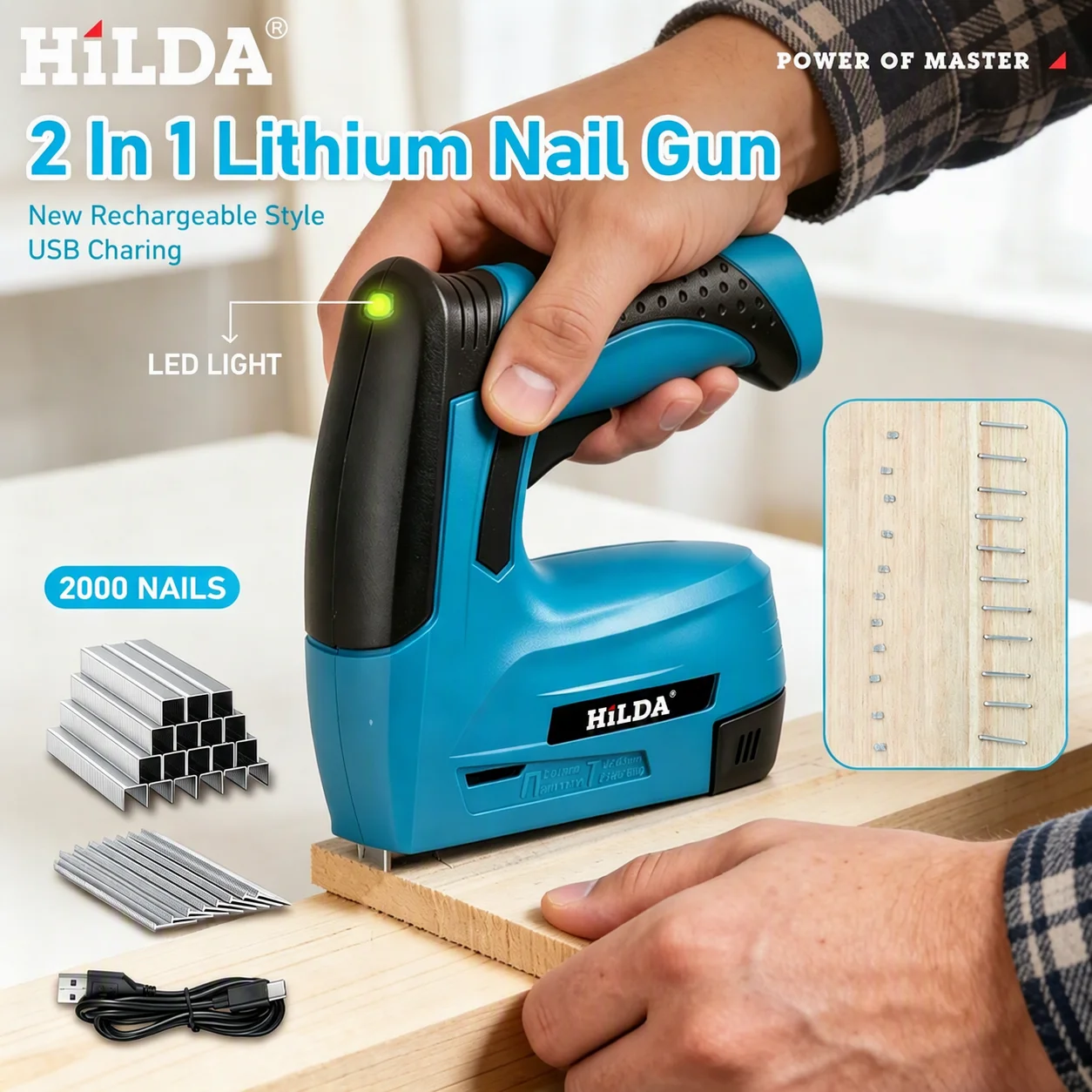 HILDA 2 In 1 Electric Nail Gun Stapler USB Rechargeable Cordless Lithium Staple Gun with LED Light for DIY Woodworking Furniture
