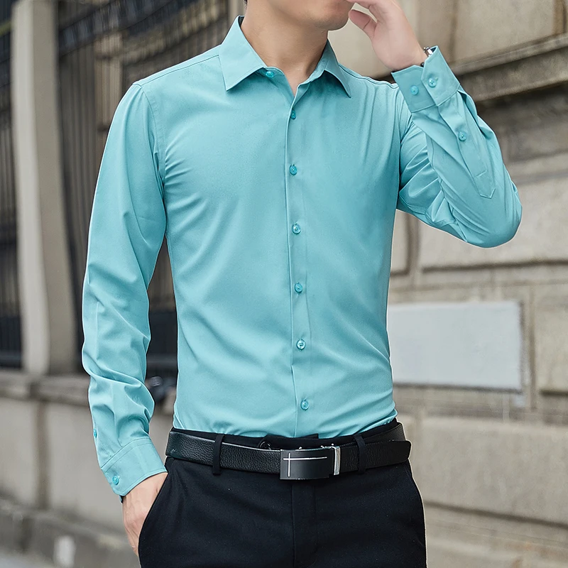 New Plus Size Men Solid Color Business Shirts Fashion Classic Basic Casual Slim White Long Sleeve Formal Shirt Man Brand Clothes view 5
