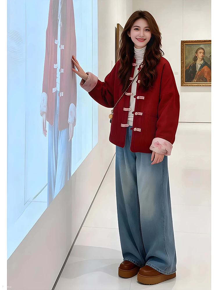 

Red Loose ort Jaet Women's New Chinese Sle National Faion Button up Top Warm Sli Winter Outerwear Cleanfit