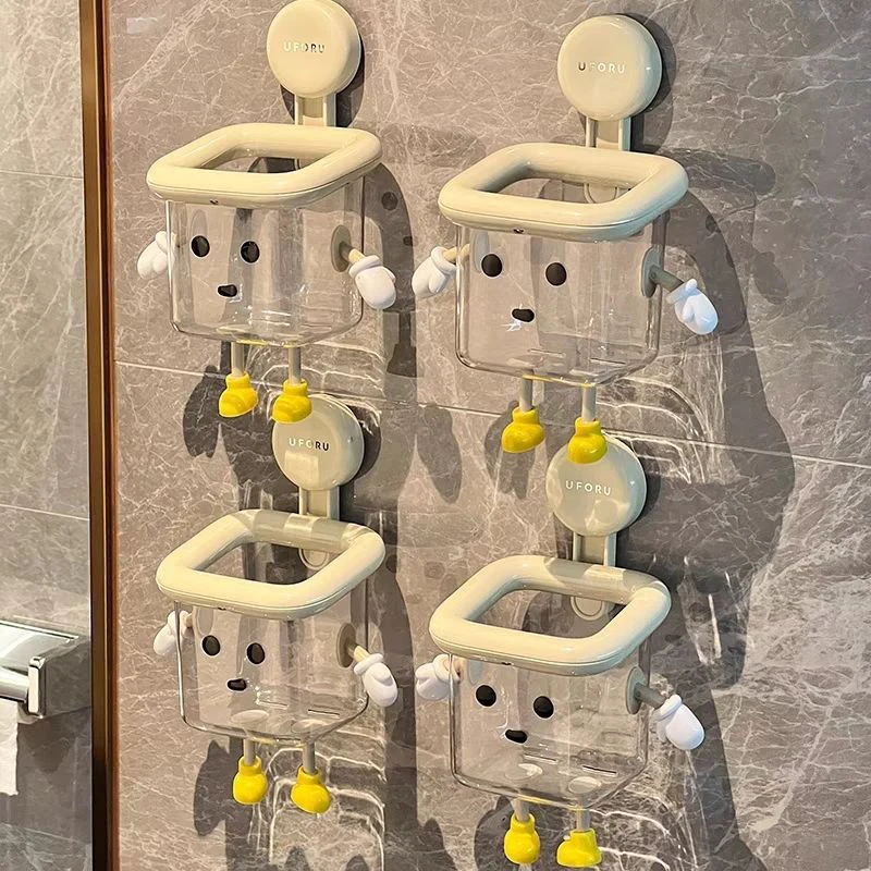 1 Pcs Toothbrush Holder Wall-Mounted Perforation-Free Suction Cup Bathroom Multi-Functional Plastic Transparent Storage Box