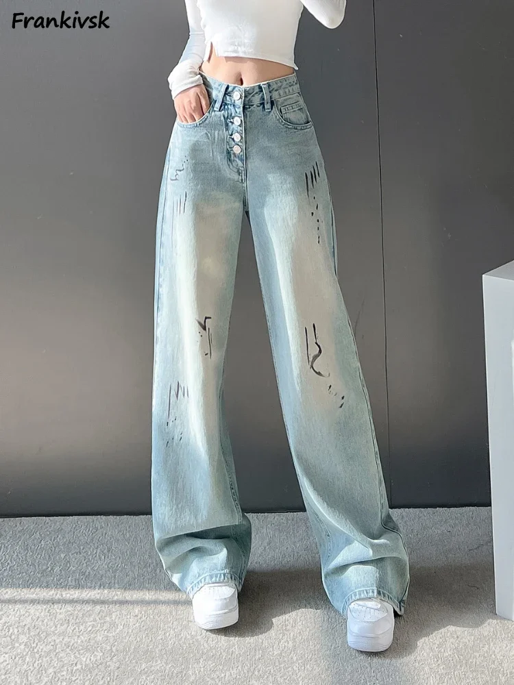 S-5XL Jeans Dames Trendy Vrije tijd Streetwear All-match Dagelijks Studenten Wijde pijpen Broek Lente Hoge taille Populair Ins Gebleekt