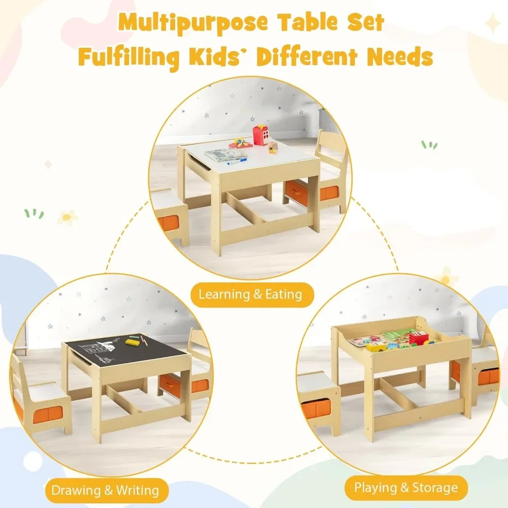 Kids Table and Chair Set, 3 in 1 Wooden Activity Table for Toddlers Arts, Crafts, Drawing, Reading, Playroom