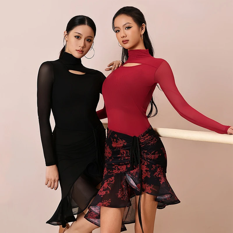Neue Latin Dance Kleidung Frauen Lange Ärmel Tops Fishbone Rock Erwachsene Praxis Tragen Club Prom Rumba Cha Cha Tanz Kleider BL17929