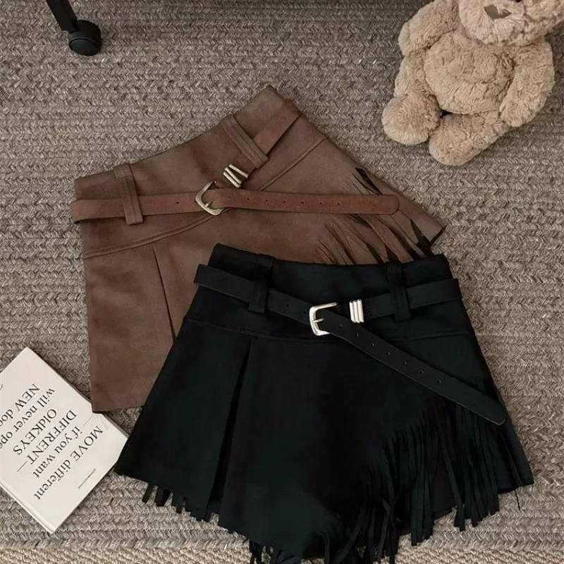 秋と冬の女性用ハイウエストショートスカートフリンジ付きイレギュラースエードAラインスカート