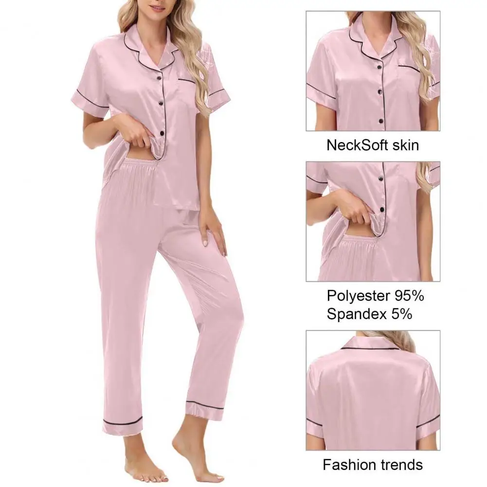 Notch Collar Pajamas Front Button V-neck Pajamas Elegant Satin Pajamas Set with Cardigan Shirt Wide Leg Trousers Plus for Women