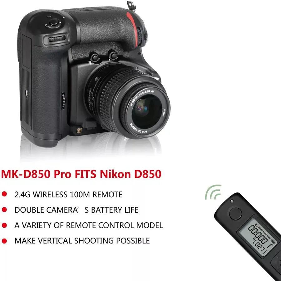 Meike MK-D850 Pro fotografowanie w pionie zasilacz uchwyt baterii z bezprzewodowym pilotem 2.4G Hz do aparatu Nikon D850