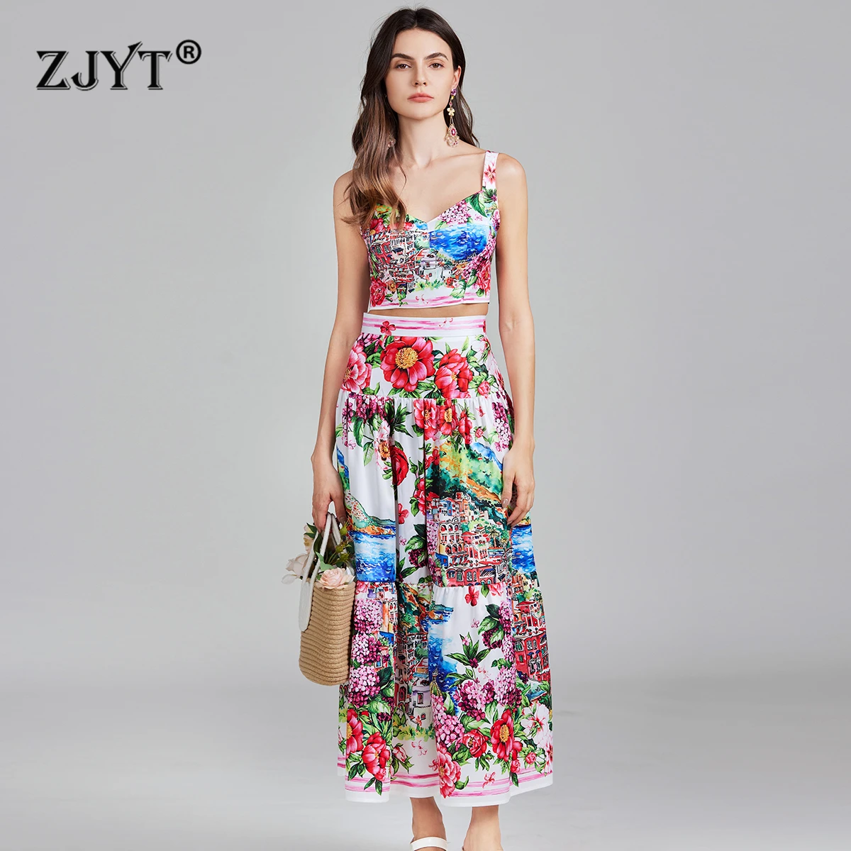 ZJYT Runway 2025 Summer Floral Print Sleeveless Crop Top and Long Skirt Sets Two Pieces Womens Outfit Holiday Beach Suits Female