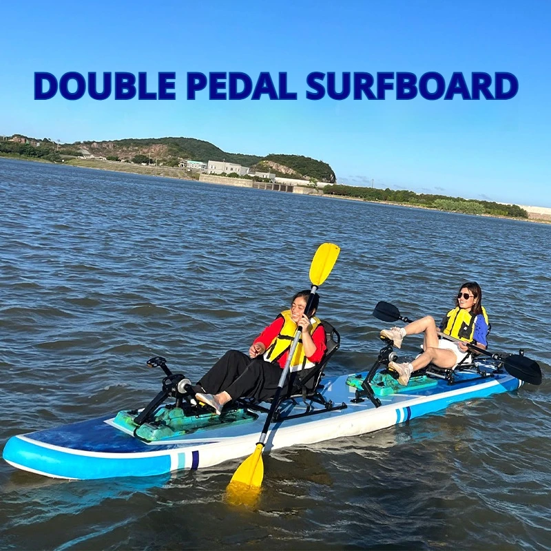 قارب بدواسة قابل للنفخ لشخصين، محمول من Catamaran SUP مع مقاعد صيد بدواسات من الألومنيوم، لصيد ركوب الأمواج في البحيرة