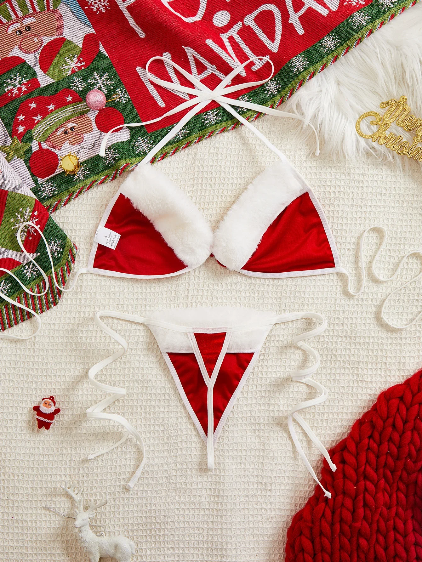 

2025 Christmas Sexy Lingerie Red Velvet Bowknot Bras And Briefs Suit Women Underwear Sets Adult Sexy New Year Costume