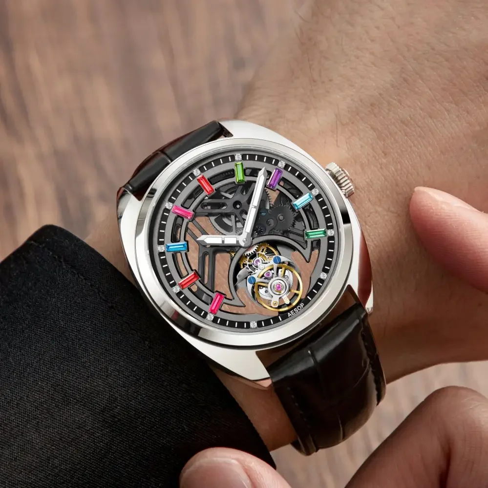 AESOP Men Mechanical Movement Watch Flying Tourbillon Skeleton Design Colorful Diamond Luxury Sapphire Mirror Fashion Accessory