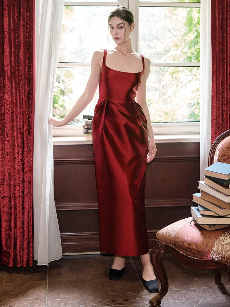 

Красное атласное свадебное платье Ele с бретельками для свадеб, выступлений и торжеств, винтажное миди-платье для женщин