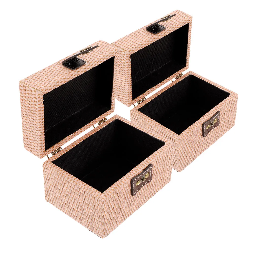 

2Pcs Imitation Rattan Texture Jewelry Storage Box Portable Trinket Organizer Case Wood Jewelry Holder for Rings Earrings