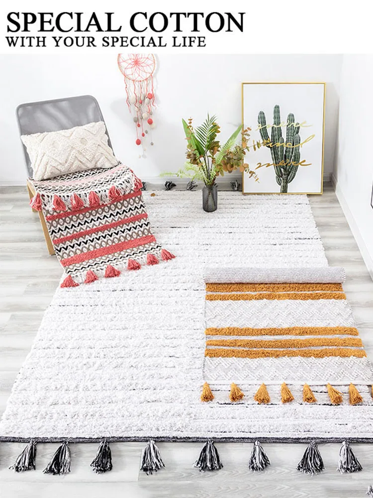 India Handmade Carpet Cotton Woven Living Room Rugs for Bedroom Decor Tassel Floor Door Mat Bohemia Style Carpet Nordic Rugs