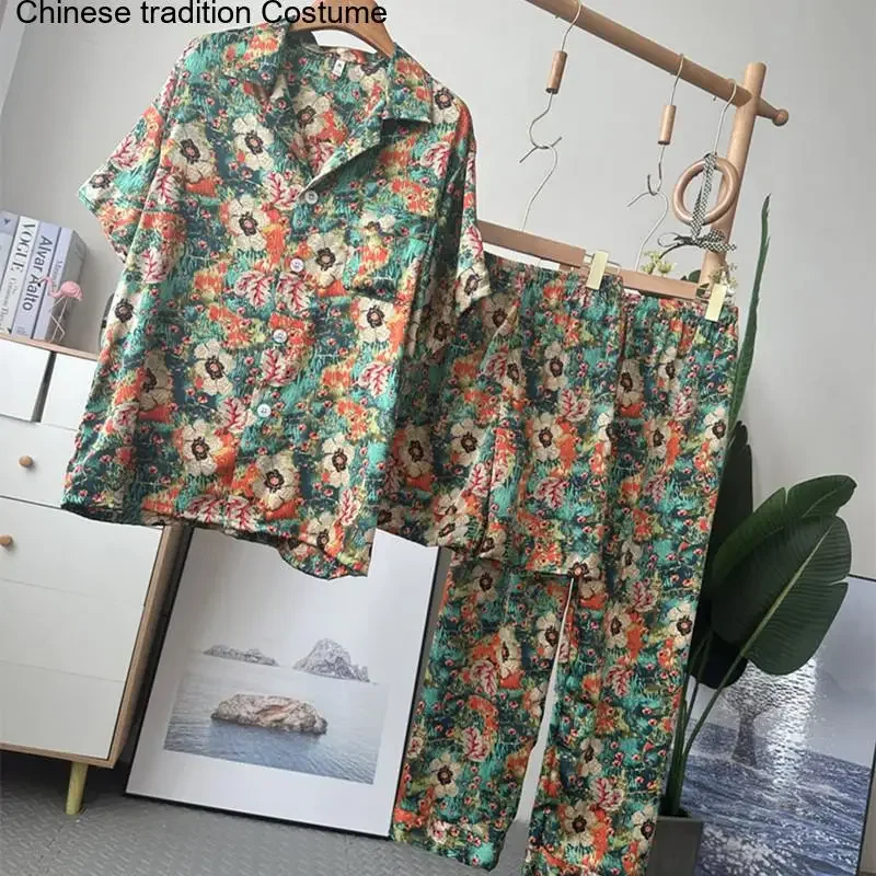 

Мужская пижама De Hombre с цветочным принтом, комплект из 3-х предметов, рубашка, брюки, шорты, одежда для дома из ледяного шелка, свободная одежда для сна, домашняя одежда