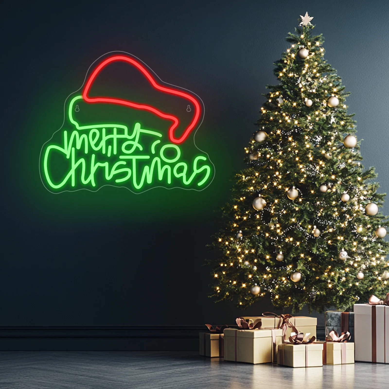 Merry Christmas Neon Sign Led Lights Santa Hat Dimmable Lamp Room Decoration Xmas Party Bedroom Home Bars Club Wall Deocr Signs