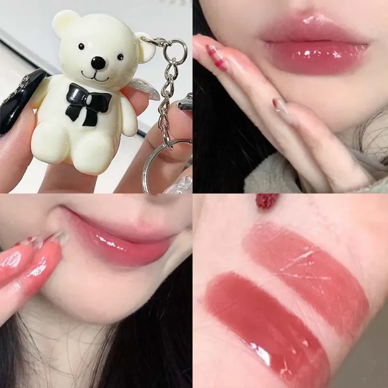 Water Light Mirror Lip Glaze Waterproof Long Lasting Cute Bear Keychain Lip Gloss Silky Smooth Liquid Lipstick Women Lip Makeup