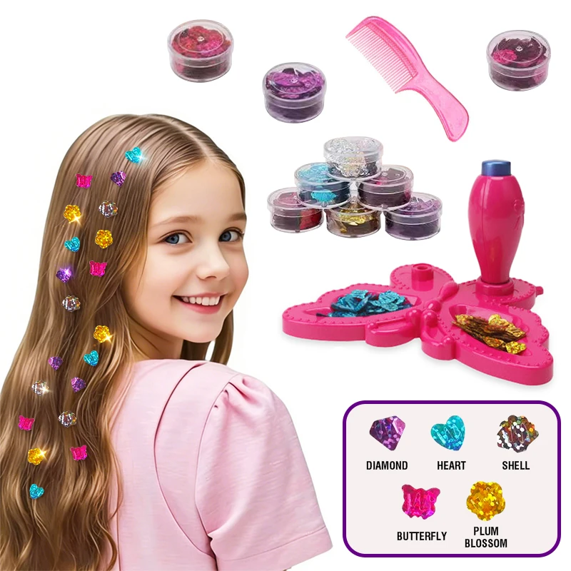 ヘアジェムスタンパーキット、キラキラ輝くヘアジュエル、女の子向けおもちゃ、ヘアスタイリングツール、再利用可能な輝くダイヤモンド付き、ごっこ遊びおもちゃギフト