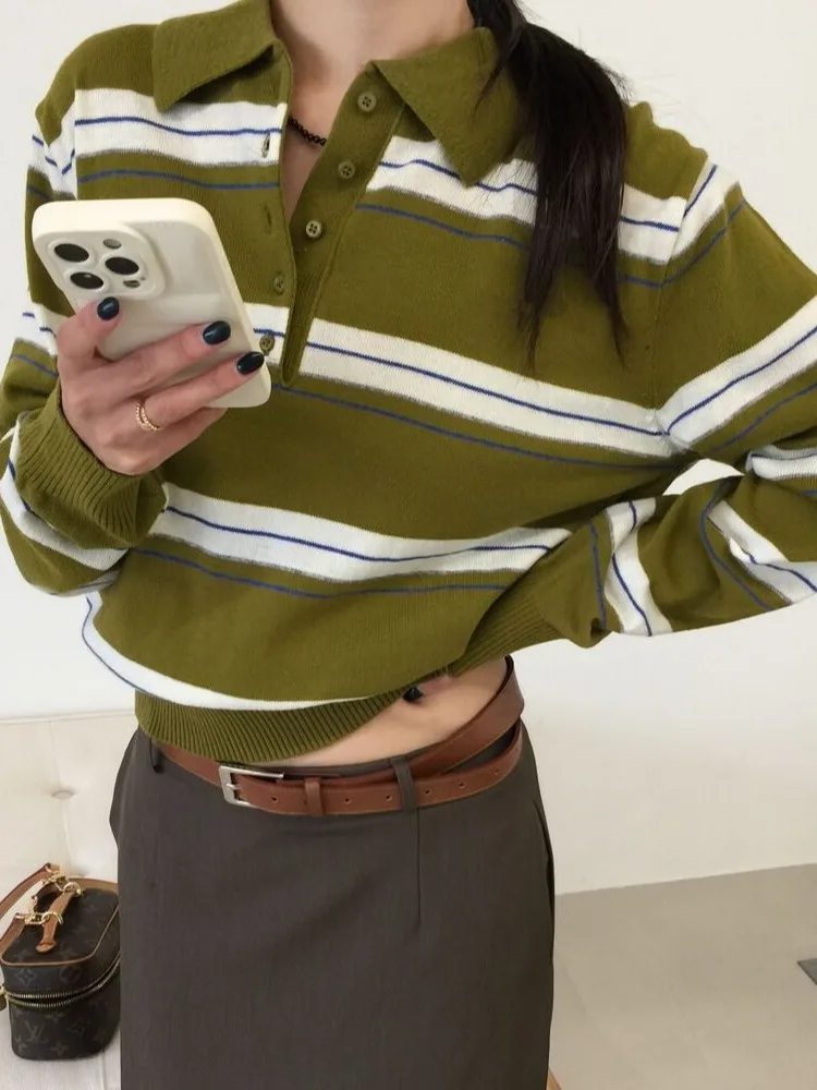 

Ретро-топ с длинным рукавом, вязаный, женский, свободного кроя, в полоску, весенний, модный, повседневный, удобный, дышащий