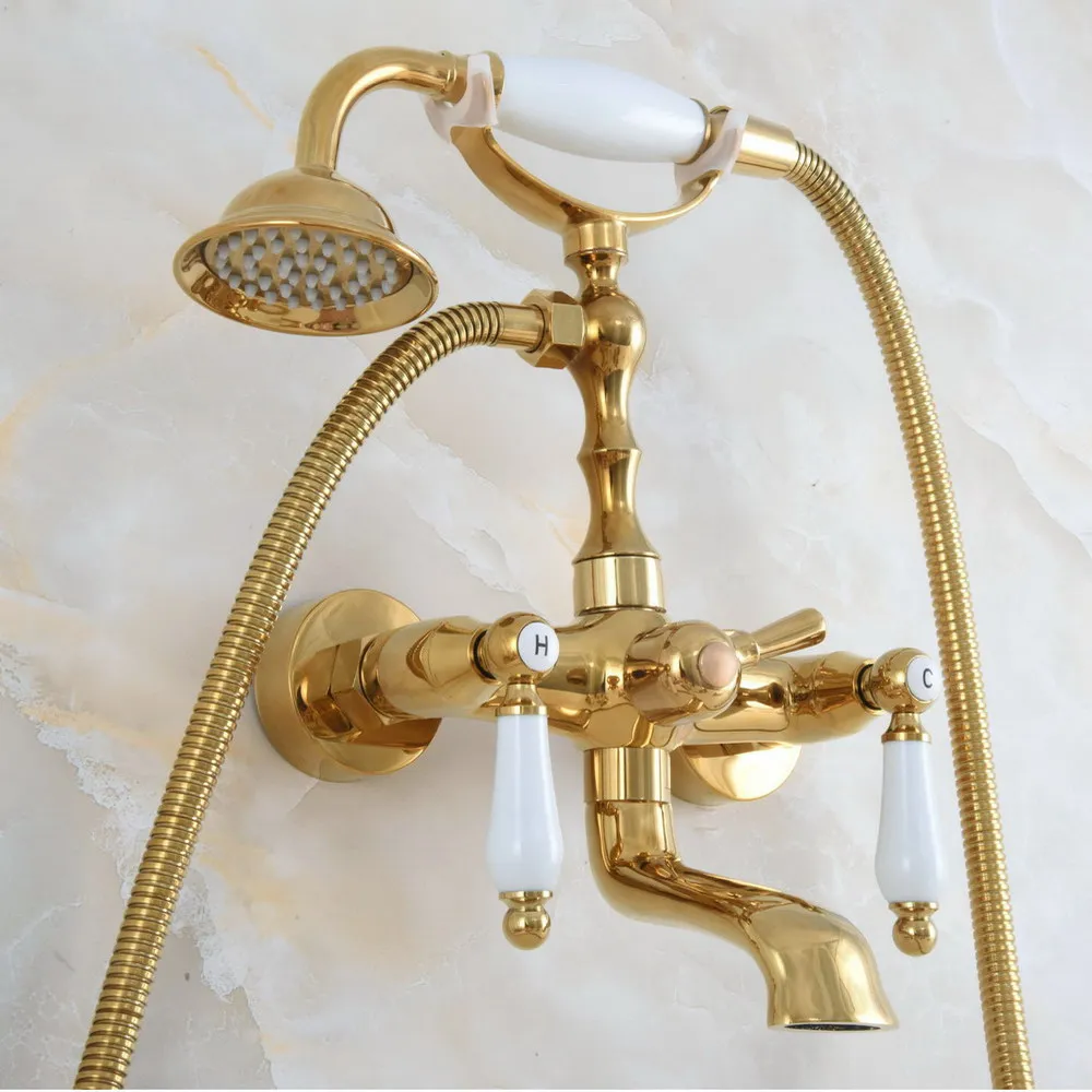 Contemporary Golden Brass Wall Mounted Bathroom Bathtub Faucet Set with 150CM Hose Handheld Shower Spray Head Mixer Tap Dna857