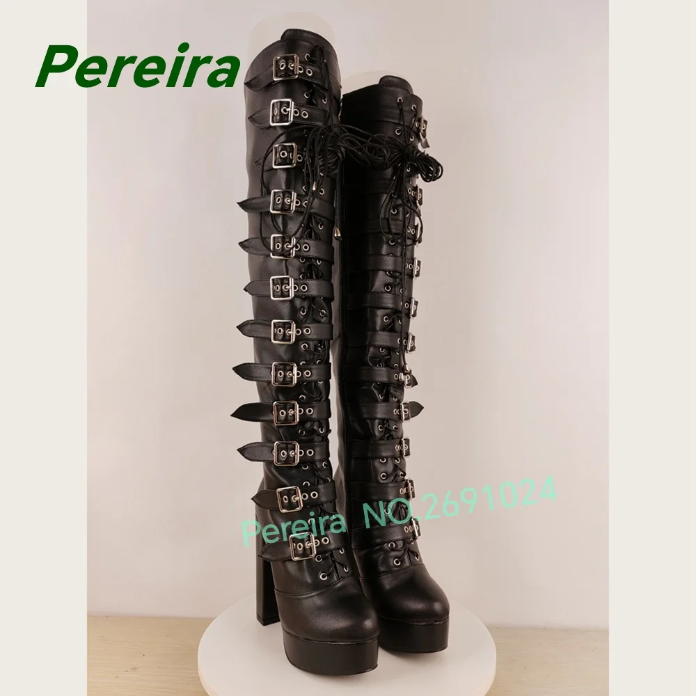 Black Gothic Over‑The‑Knee Platform Boots Multi‑Buckle Straps Lace‑Up Block Heel Punk Rock women's long boots y2k glossy shoes