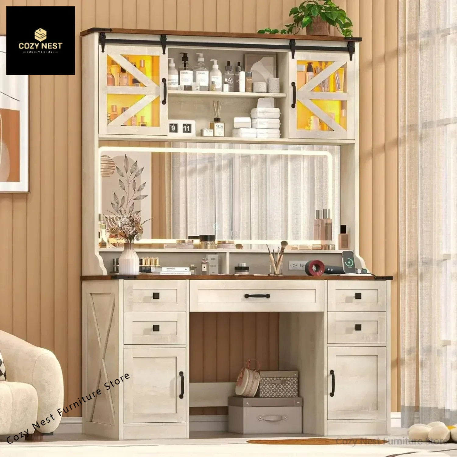 75,2-Zoll-Bauernhaus-Schminktisch mit Spiegel und Lichtern, 5 Schubladen und 2 Schiebe-RGB-Türen und Steckdosen, 3 Farbbeleuchtungsmodi