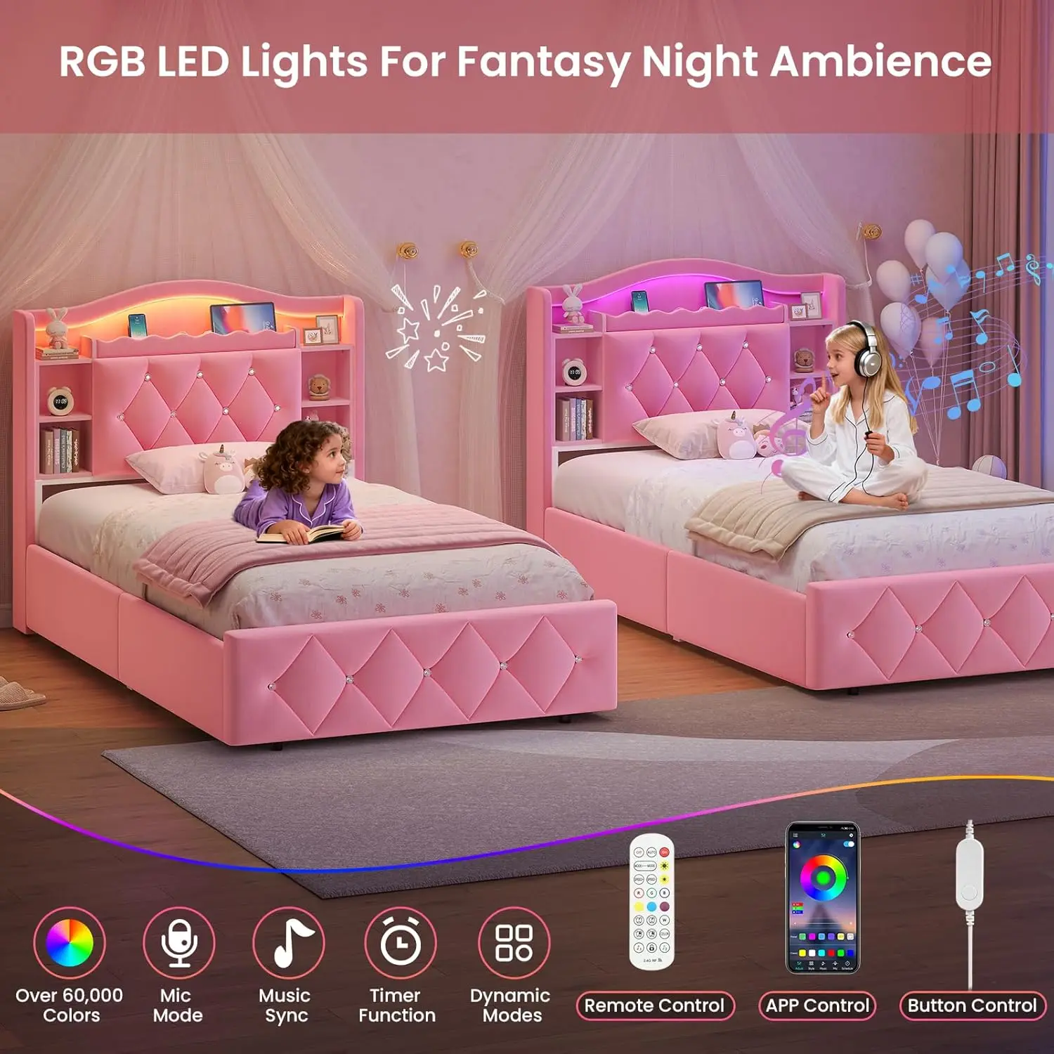 Cama de Solteiro para Meninas com Gavetas de Armazenamento, Cabeceira com Estante, Luzes LED e Tomadas Elétricas, Diamante, Personalizada