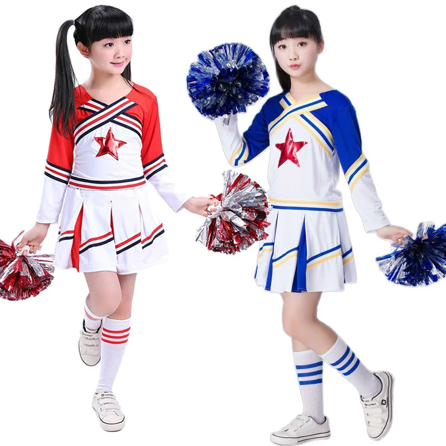 Girls Red Cheerleading Costume Kids Boy Competition Cheerleader Uniform School Team Performance Dance Costumes Pompoms and Sock