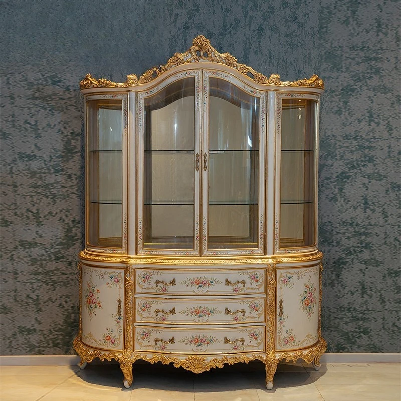 Living room double door display cabinet French mahogany painted carved glass wine cabinet