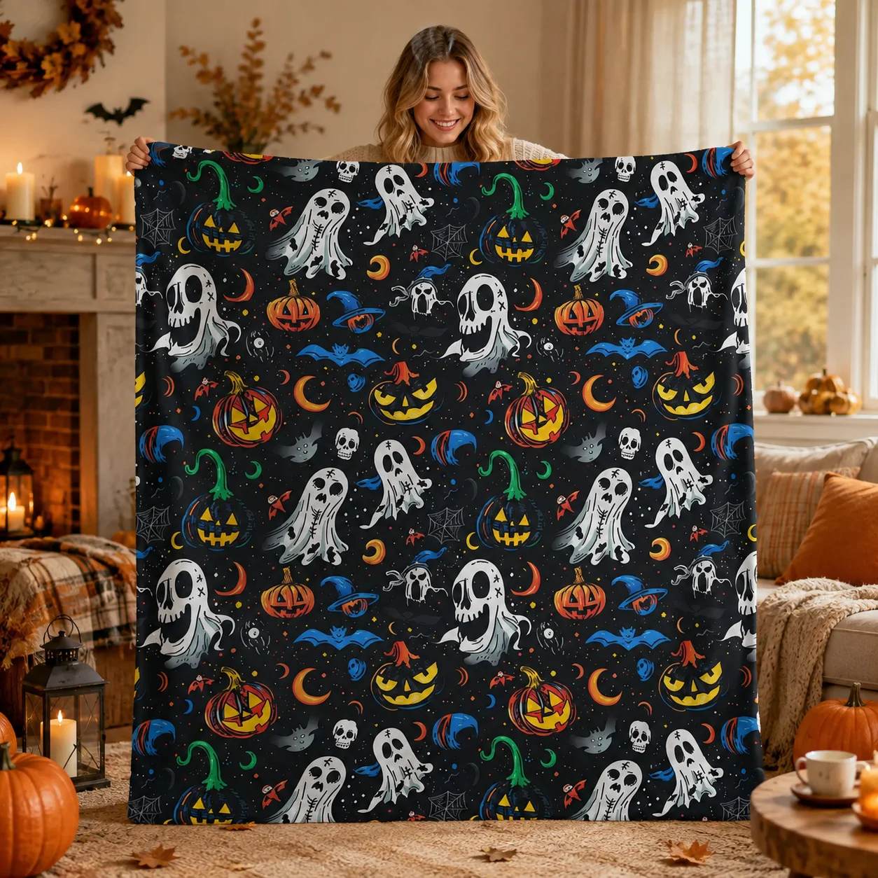 Cute Halloween Blanket Scary Blanket Spooky Blanket Ghosts Pumpkins Magic Candy Corn Halloween Gift for Her Kids Blanket