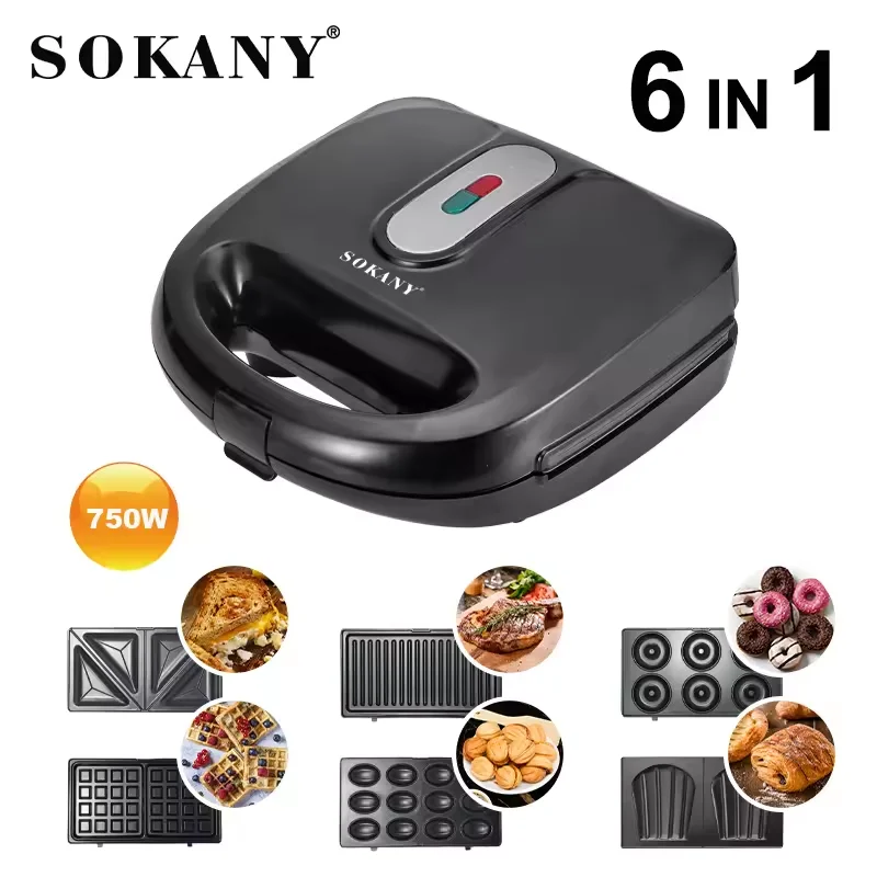 908 Hot Sale 6 In 1 Multifunction Electric Sandwich Maker With Detachable Plates