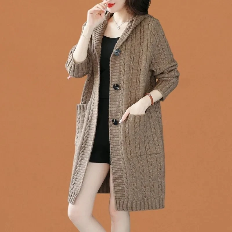 Autumn Winter Mom\'s New Woolen Coat Women\'s Long sleeved Cardigan Hooded Thickened Over Hip Loose Medium Length Sweater Beige