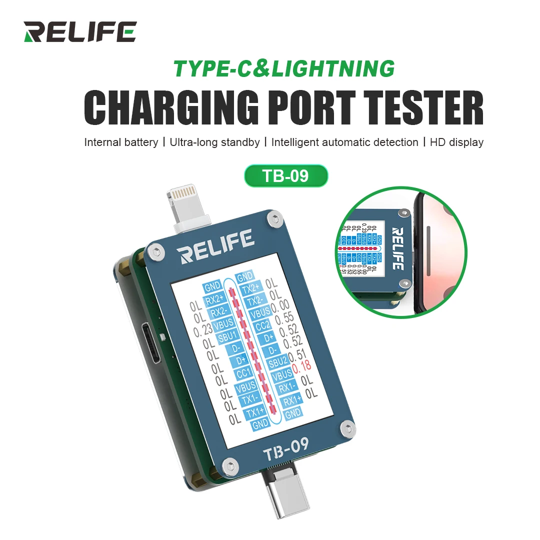 RELIFE TB-09 Type-C & Lightning Intelligent Charging Port Tester for Phone Repair Type-C Lightning Port Fault Detection Tool