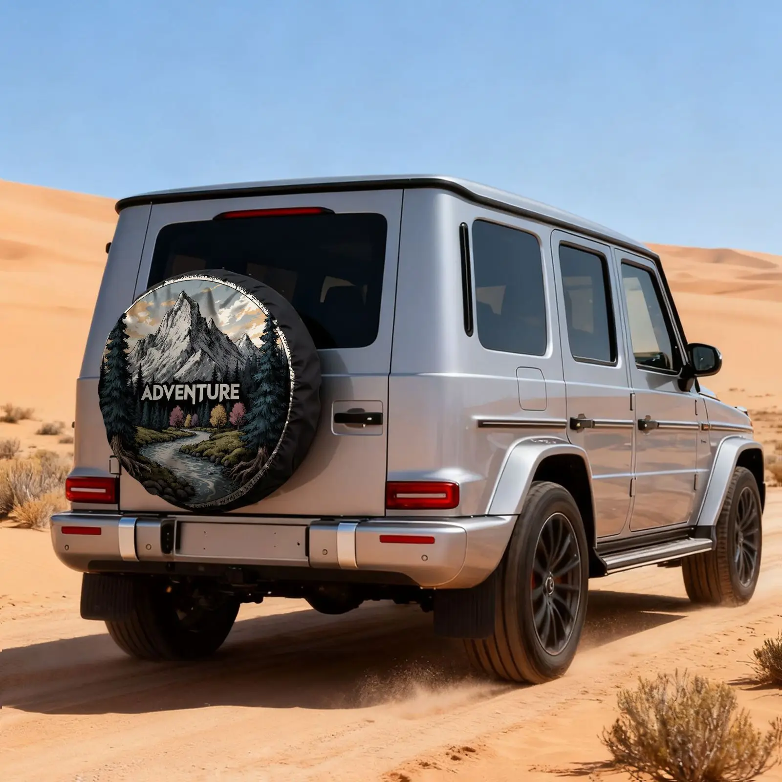 Vintage Outdoor Adventure Scenery Print Tire Cover Polyester Wear-Resistant Protector for Vehicle Camping