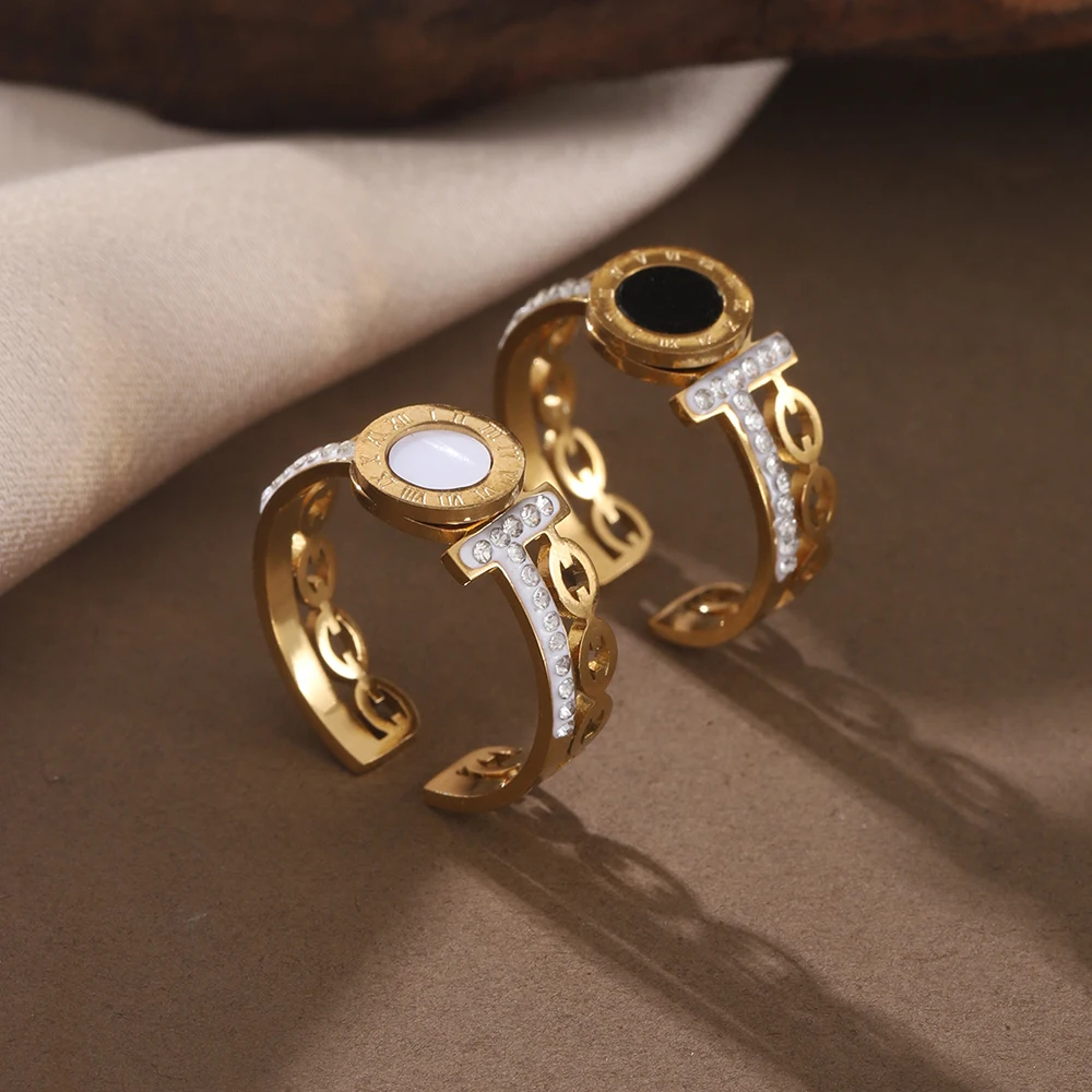 Fashion Geometric Open Stainless Steel Ring for Women Accessories Inlaid Rhinestone Gold Color Ring Daily Party Jewelry Gift