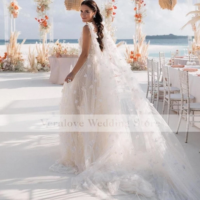 2022 A Line Wedding Dress Foral Flowers Split Beach Boho Sparkly Bridal Party Gowns With Warp Robe De Mariee