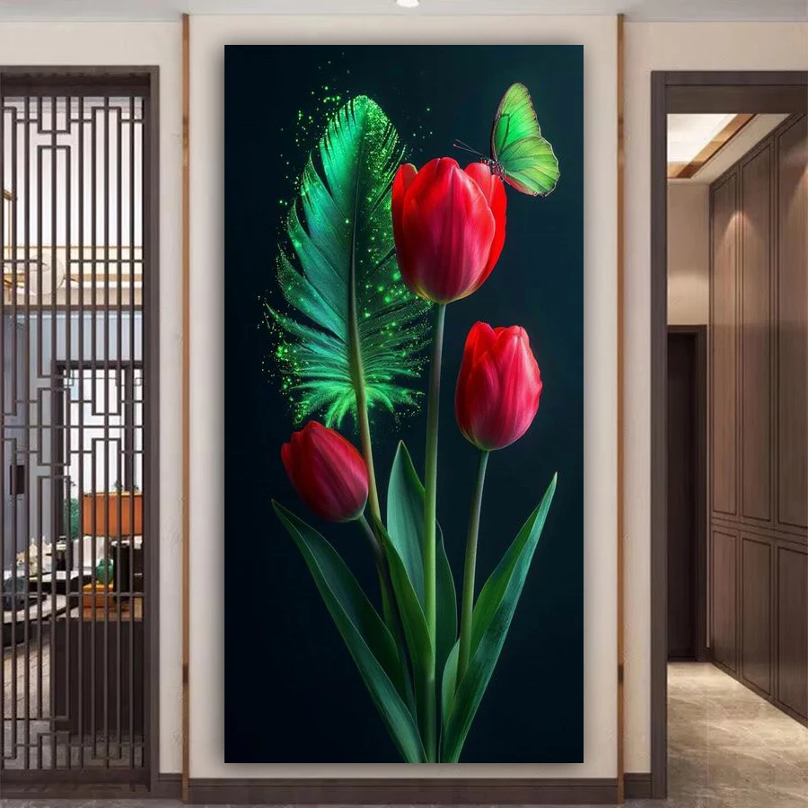 

Red Tulip Green Plant Diy Diamond Arts Painting Kits New Collection Large Size Flowers Full Drill Mosaic Embroidery Picture