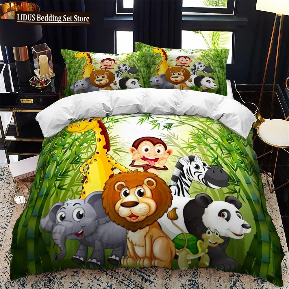 

Zoo Duvet Cover Set King Queen Size Animal In The Forest Cartoon Illustration Lion Panda For Kids Girl Boy Polyester Bedding Set