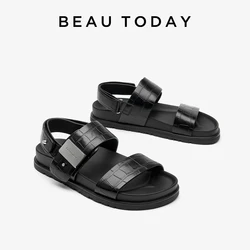 BEAUTODAY Leisure Sandals Women Solid Color Open Toe Metal Buckle Embossing Design 2024 Summer Beach Ladies Flats Handmade 34609