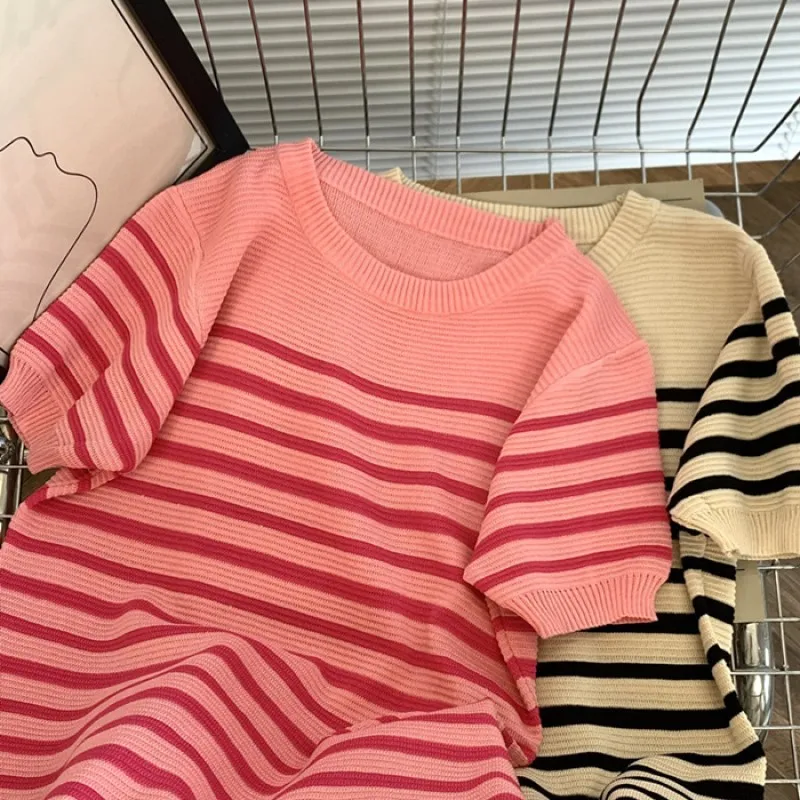 2024 new Summer Women O Neck Short Sleeves Knitted Dress fashione casual high waist elastic stripe printing Bodycon Dress