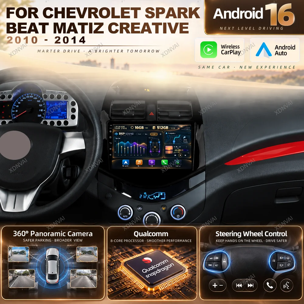 Android 16 Car Radio Multimedia For Chevrolet Spark Beat Matiz Creative 2010 - 2014 Video Player Carplay GPS 5G WIFI 360 Camera