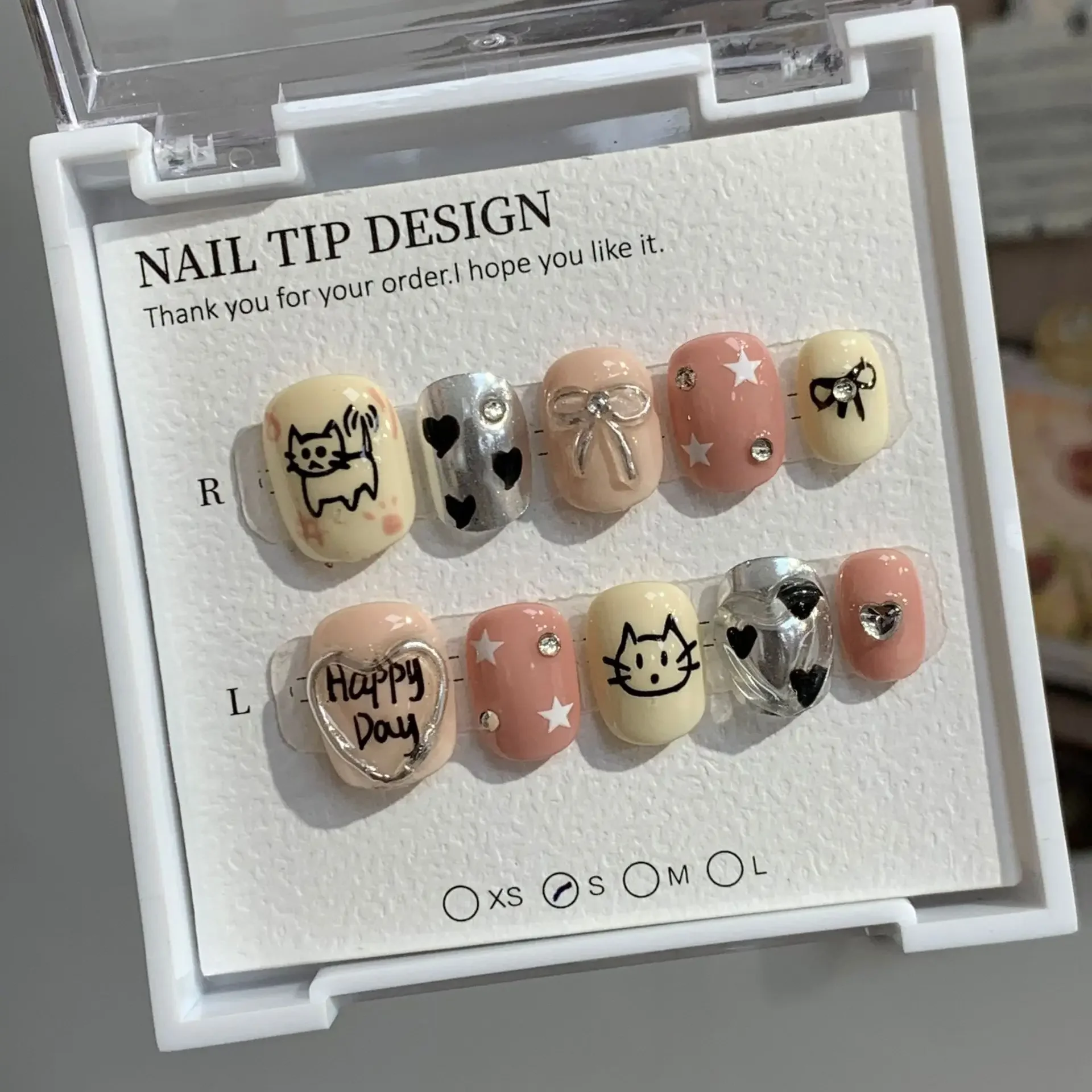 Macaroon Series Handmade Press On Nails Sweet Cute Lines Cat Fake Nail Patches Diamonds Bow Heart Art Nails