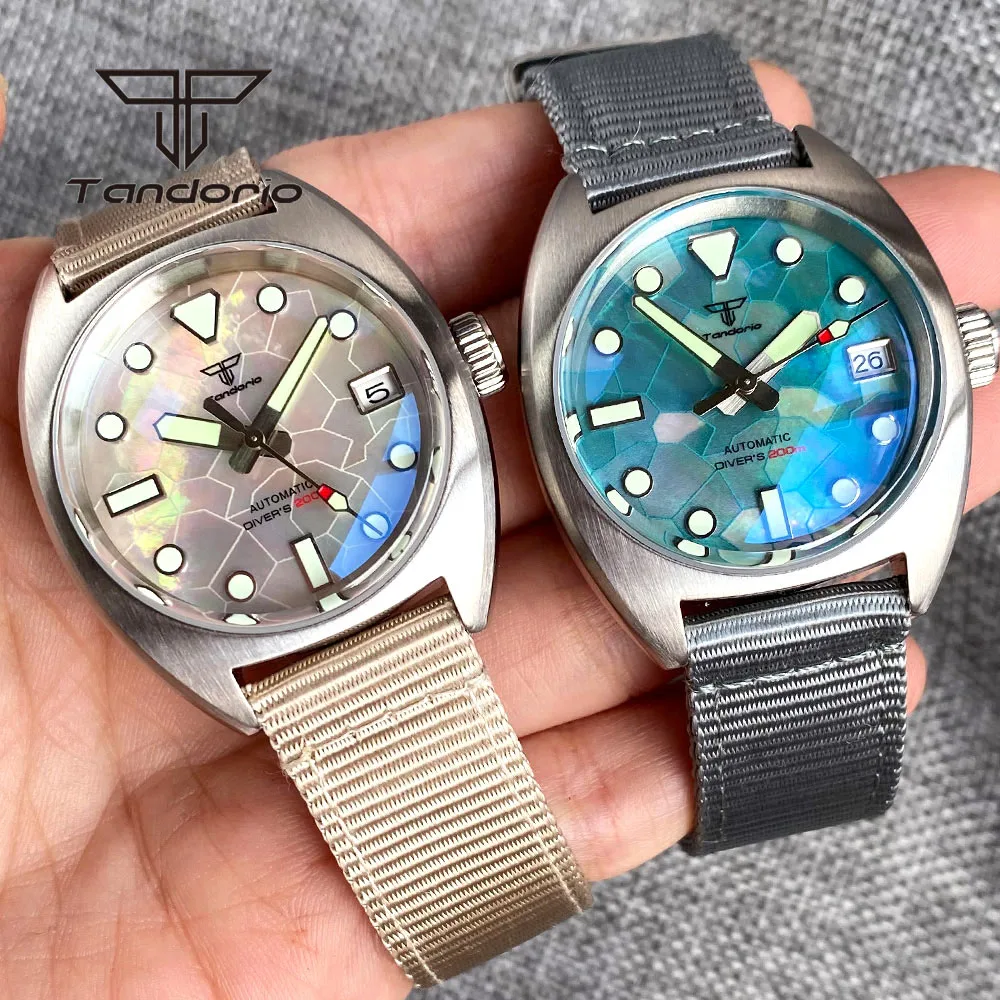 Tandorio Fashion NH35A 36mm 200m Dive Automatic Watch for Men Lady Multicolor MOP Dial Double Domed AR Sapphire Nylon Strap