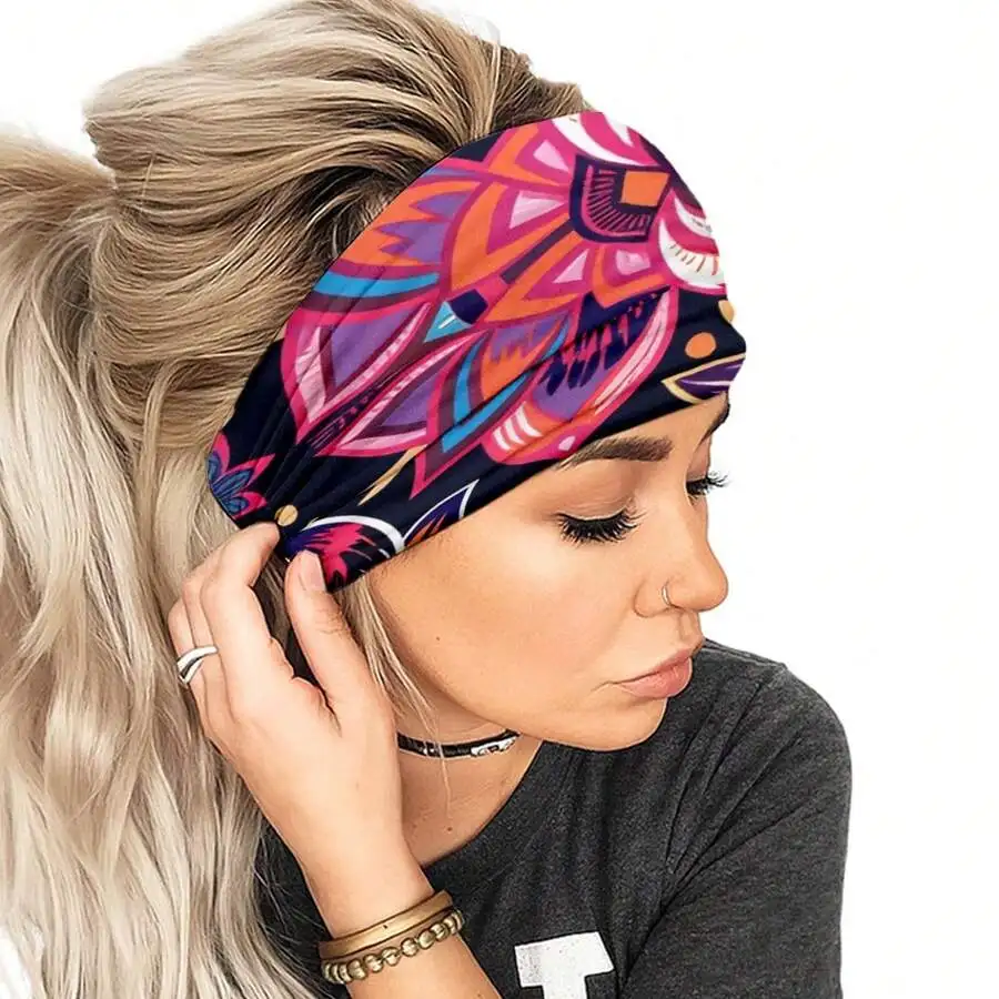 

Women Bohemian Geometric Print Wide Elastic Headband Multicolor Soft Breathable Non-Slip Hair Wrap For Yoga Workout Daily Wear