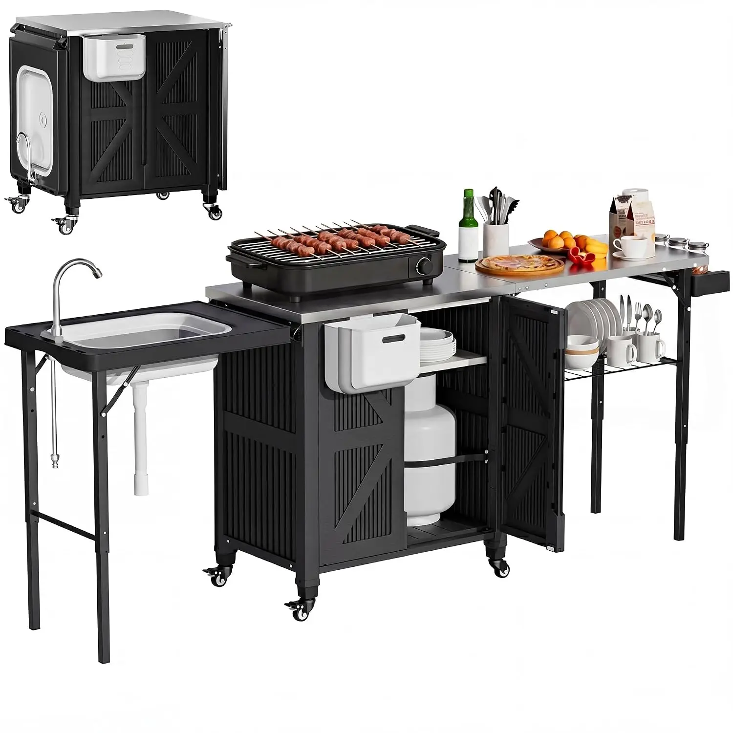 3-in-1 Rolling Kitchen Island with Wheels, BBQ Pizza Oven Cart with Storage Cabinet for Patio Backyard Garden Parties