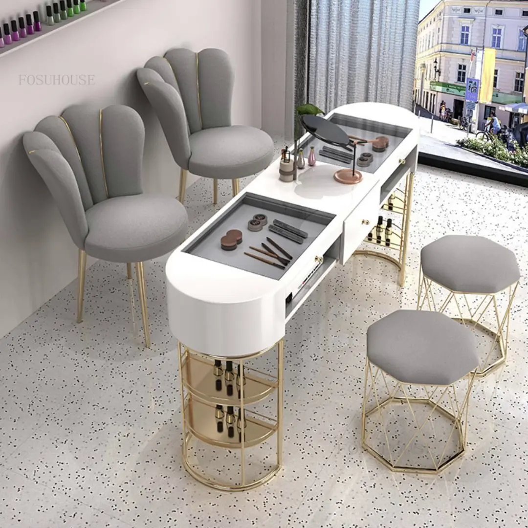 Nordic Glass Nail Tables for Beauty Salon Light Luxury Ins Manicure Table Set Single and Double Manicure Tables Salon Furniture