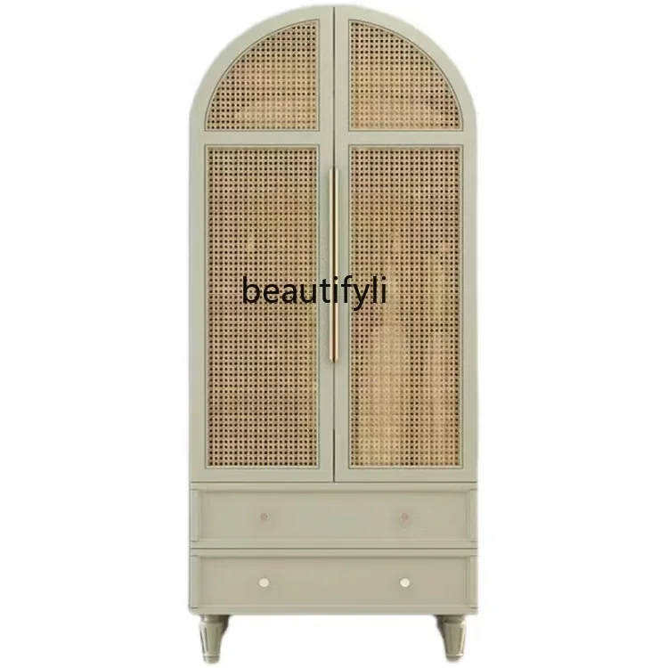 xzNordic solid wood rattan wardrobe American simple small apartment double door storage cabinet modern homestay, storage wardrob