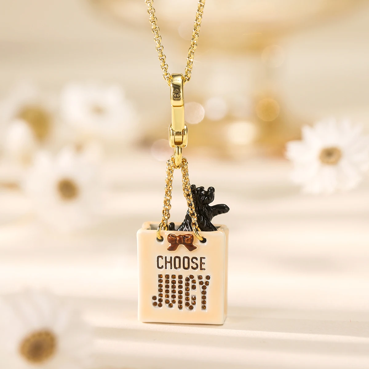Fashion Cute Black Dog Enamel Faux Zircon Handbag Pendant Necklace for Women Sweet Elegant Party Jewelry Niche Girlfriend Gift