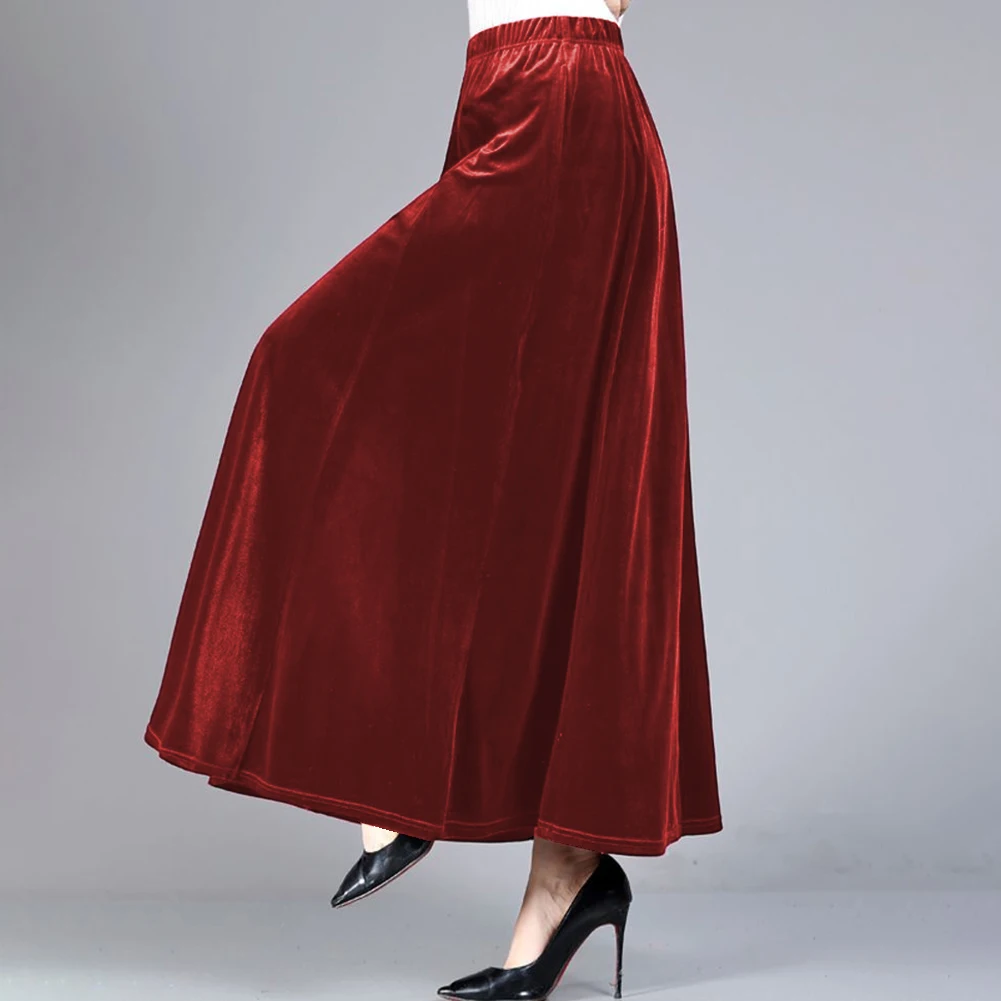 Women's Pleated A-Line Skirt High Waist Velvet Long Skirts Spring Summer Autumn Winter Black Wine Red Casual Women Skirt