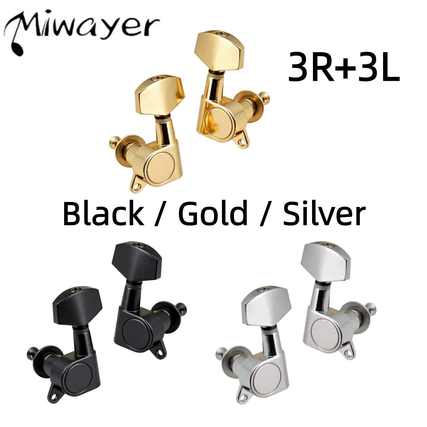 Miwayer 6Pcs Sealed Locking Tuners 3L3R Black/Gold/Silver, Tuning Pegs Machine Heads Replacement for Acoustic Electric Guitar